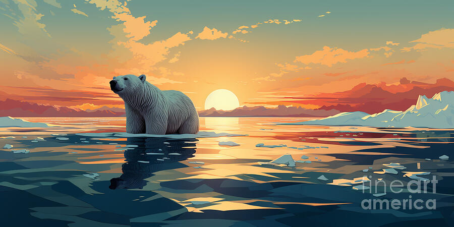 3 polar bears walking on an ice floe drifting by Asar Studios #1 Painting by Celestial Images