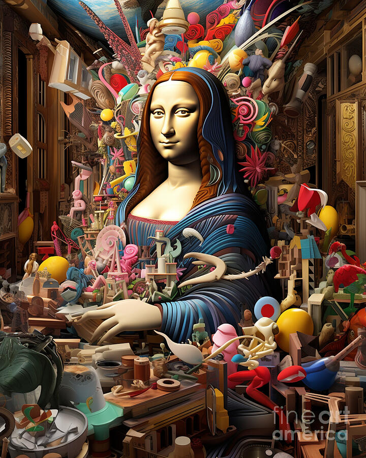 3d 4K Surrealism doodle art mona lisa cluttered by Asar Studios #1 Painting by Celestial Images