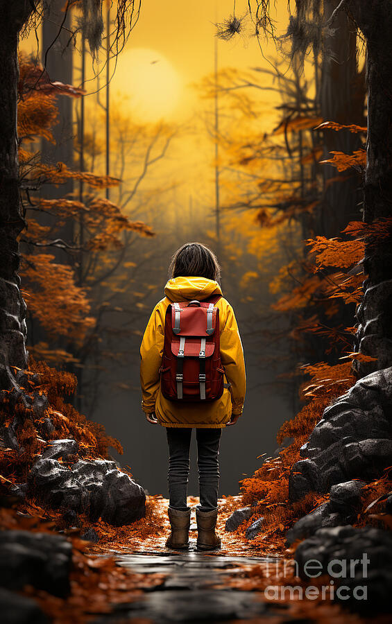 3d a kid with a backpack is on the road by Asar Studios #1 Painting by Celestial Images
