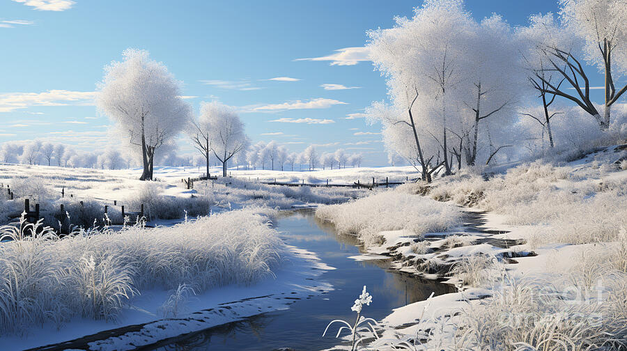 3d a sunny winter day illustration of a country by Asar Studios #1 Painting by Celestial Images