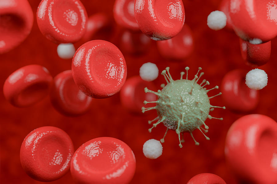 3D rendering Microscopic illustration of the spreading 2019 corona virus or Covid-19 and red blood cell Background #1 Photograph by MR.Cole_Photographer