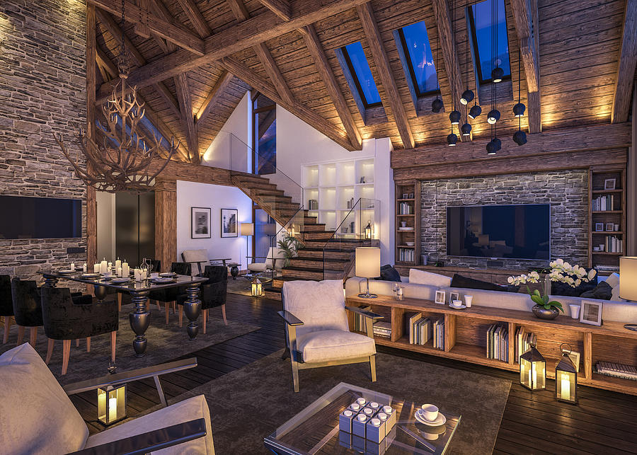 3D rendering of evening living room of chalet #1 Photograph by Korisbo