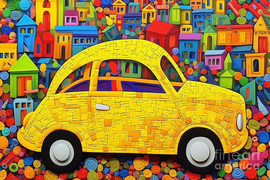 3d very bright and colorful big yellow car mini by Asar Studios #1 Painting by Celestial Images