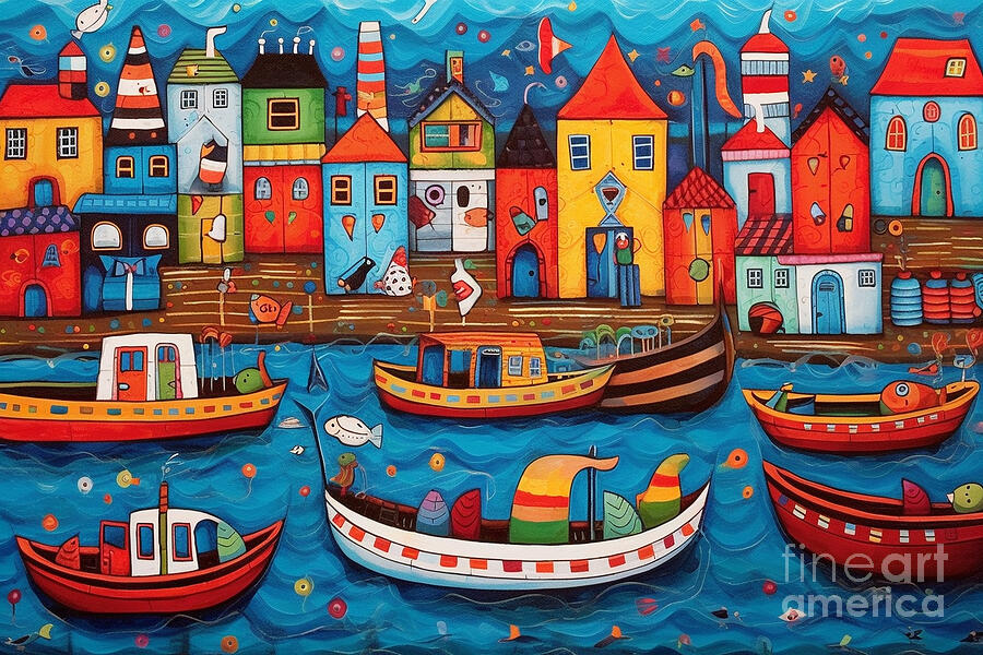 3d very bright and colorful fishing boats by Asar Studios #1 Painting by Celestial Images