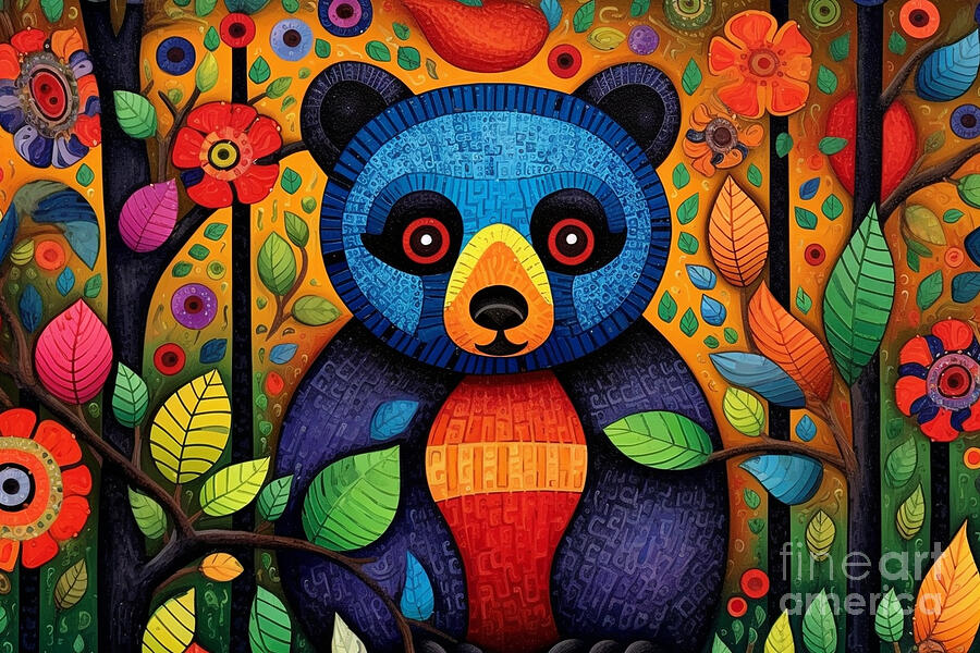 3d very bright and colorful funny bear peering  by Asar Studios #1 Painting by Celestial Images