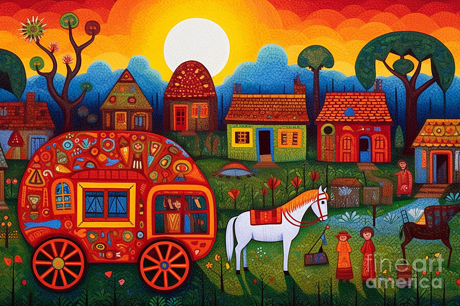 Sunset Painting - 3d very bright and colorful lady wagon and old  by Asar Studios #1 by Celestial Images