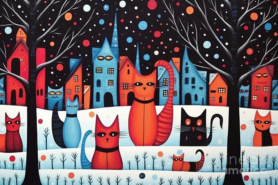 3d very bright and colorful red cats and black  by Asar Studios #1 Painting by Celestial Images
