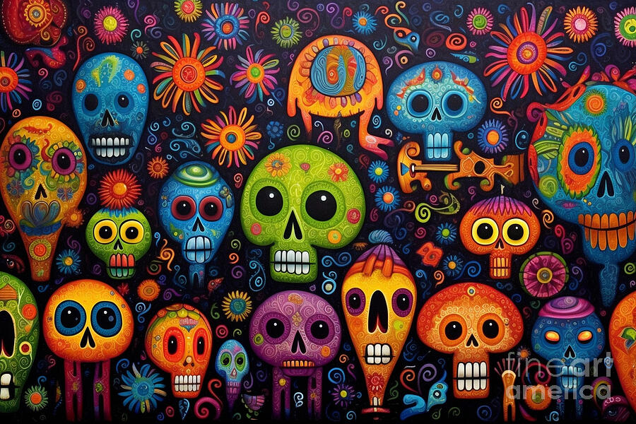 3d very bright and colorful skull and bones by Asar Studios #1 Painting by Celestial Images