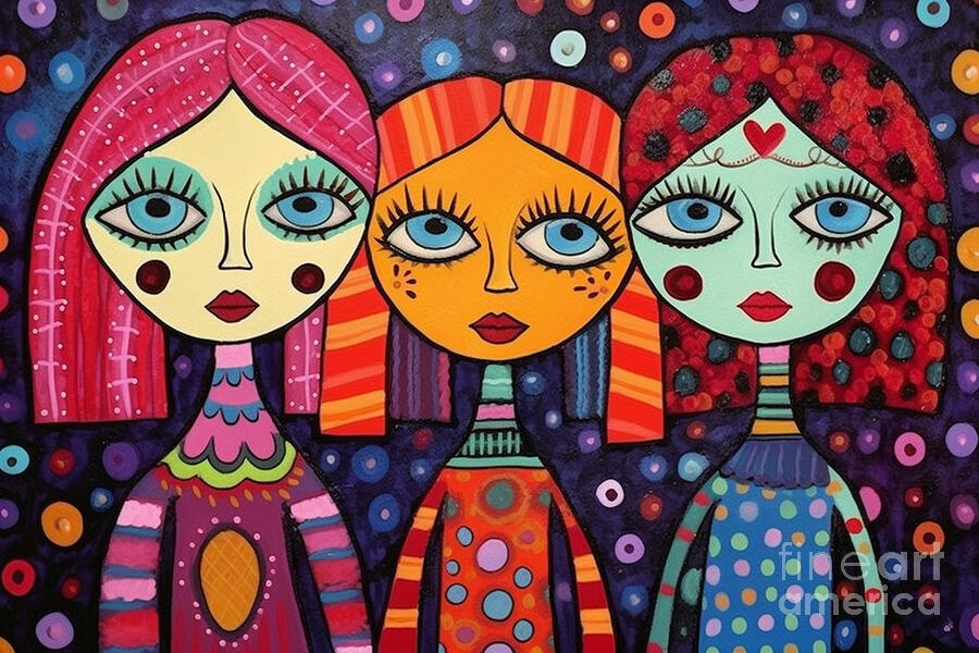 3d very bright and colorful three goth girls by Asar Studios #1 Painting by Celestial Images