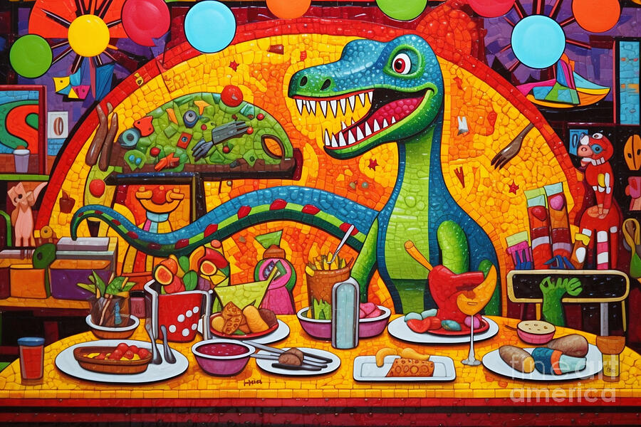 Dinosaur Painting - 3d very bright and colorful Tyrannosaurus Dinos by Asar Studios #1 by Celestial Images