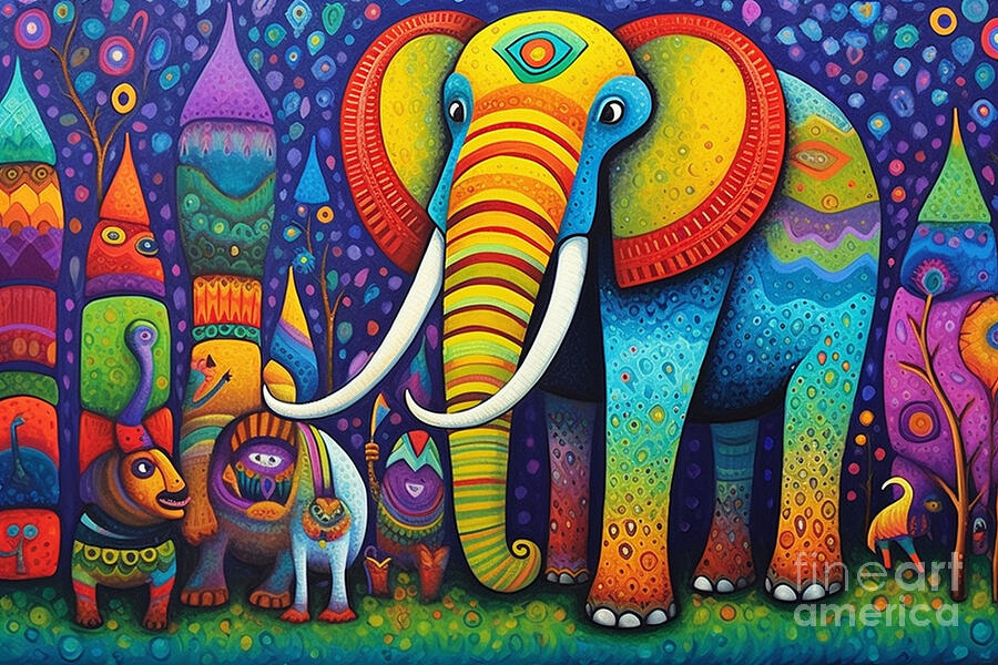Pattern Painting - 3d very bright and colorful wolly mammoth paint by Asar Studios #1 by Celestial Images