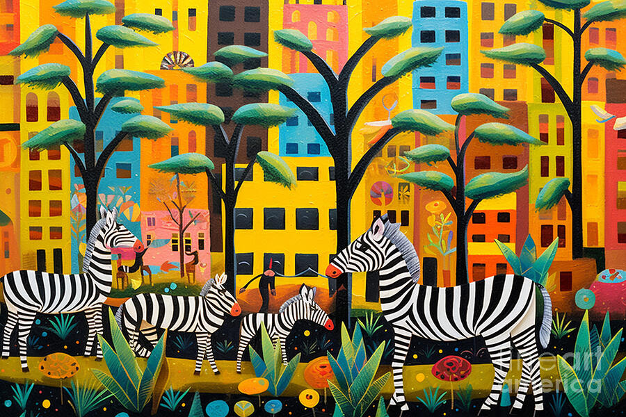 Zebra Painting - 3d very bright and colorful yellow and black by Asar Studios #1 by Celestial Images