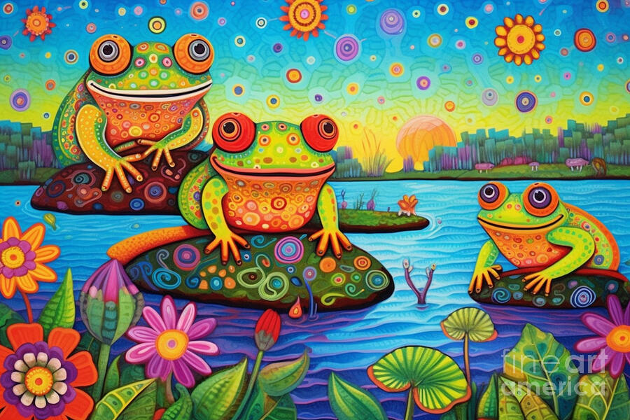 3d very bright and colorfulfrogs on patties by Asar Studios #1 Painting by Celestial Images