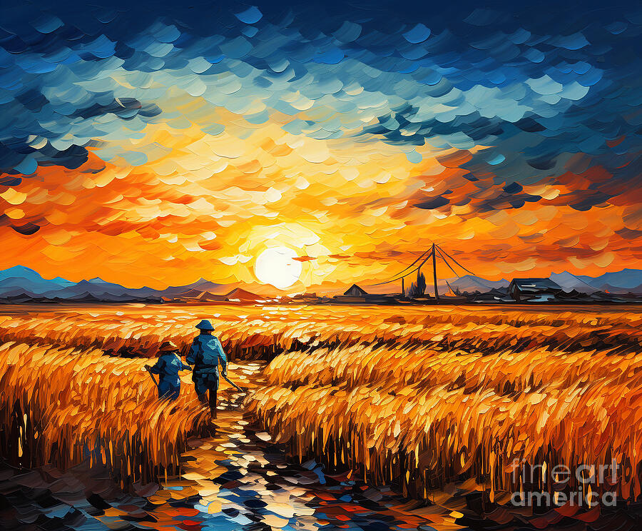 3d women harvesting wheat in a belo field by Asar Studios #1 Painting by Celestial Images