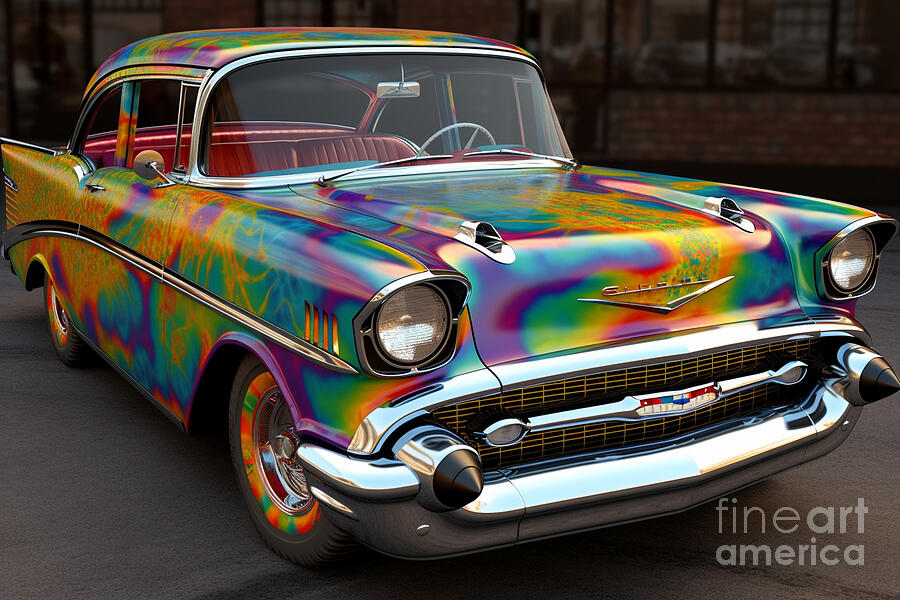 Vintage Painting - 57 chevy automobile with colourful mandelbrot by Asar Studios #1 by Celestial Images