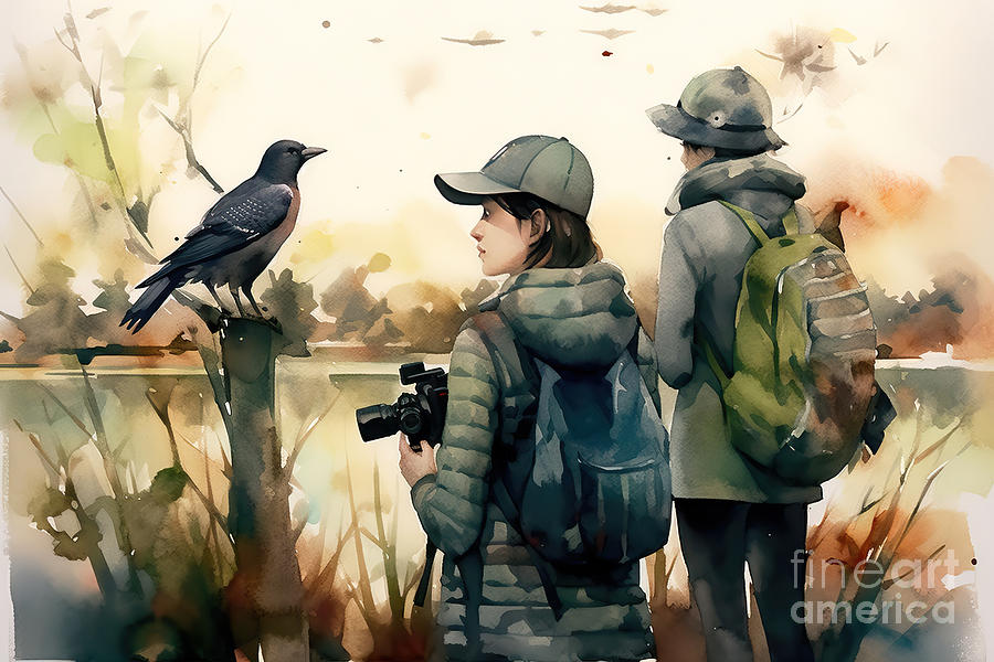 Wildlife Painting - A bird watching trip in a nature reserve, watercolor style, #1 by N Akkash