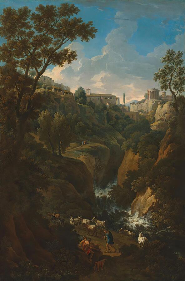 Sheep Painting - A capriccio of Tivoli with a waterfall and shepherds #1 by Jan Frans Van Bloemen Flemish
