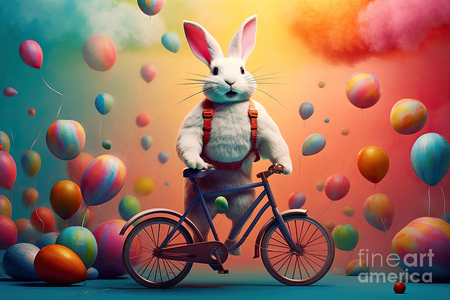 Easter Painting - A cute cheerful rabbit holds an egg and rides a bicycle on the o #1 by N Akkash