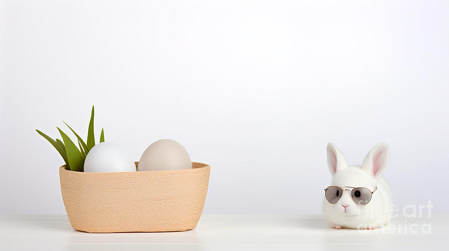 A cute white bunny with sunglasses and eggs in front of an isolated background. #1 Digital Art by Odon Czintos