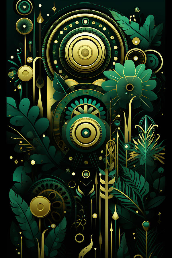 a funky pattern of green and gold hues 32k uhd  by Asar Studios #1 Painting by Asar Studios
