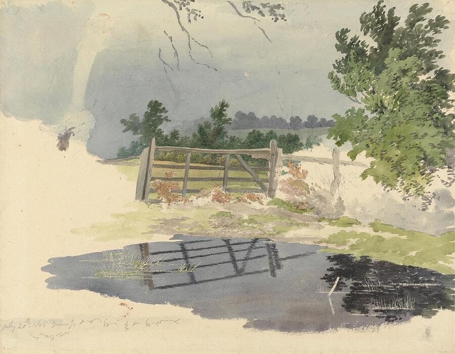 Tree Painting - A Gate Reflected in a Pool  #1 by Robert Hills English