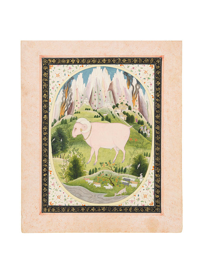 A Giant Ram In A Mountainous Landscape, Fires In The Distance, A Gaddi Tending His Herd In The Foreg #1 Painting by Artistic Rifki