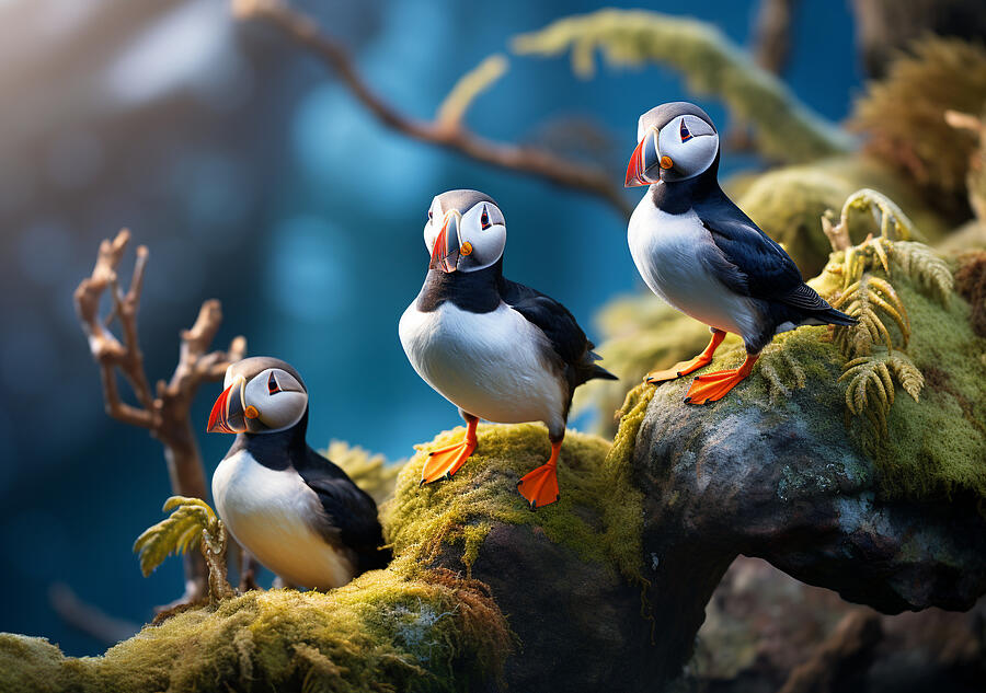 A group of colorful puffin birds perched on sno by Asar Studios #1 Painting by Asar Studios