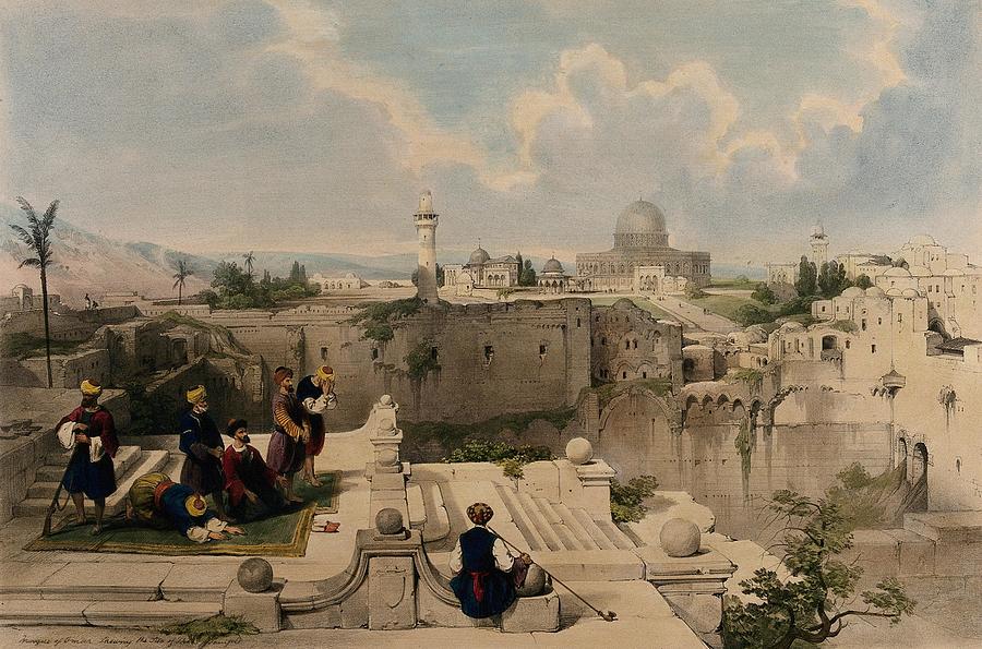 A group of worshippers at the site of a temple, with the mosque of Omar, Jerusalem, Israel. Coloured #1 Painting by Artistic Rifki