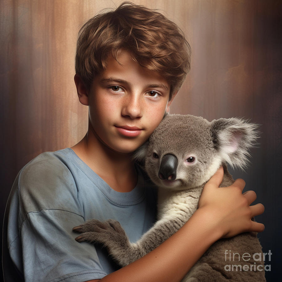 Fantasy Painting - a  handsome  teen  boy  hugging  a  koala    Clear  deta  by Asar Studios #1 by Celestial Images