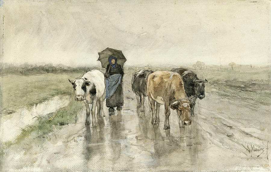A Herdess with Cows on a Country Road in the Rain #2 Drawing by Anton Mauve