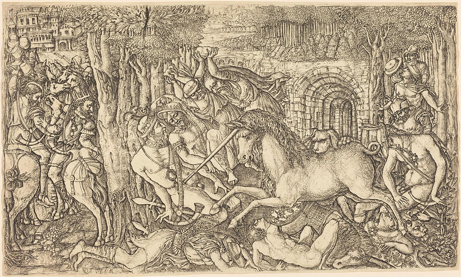 A King Pursued by a Unicorn #1 Drawing by Jean Duvet