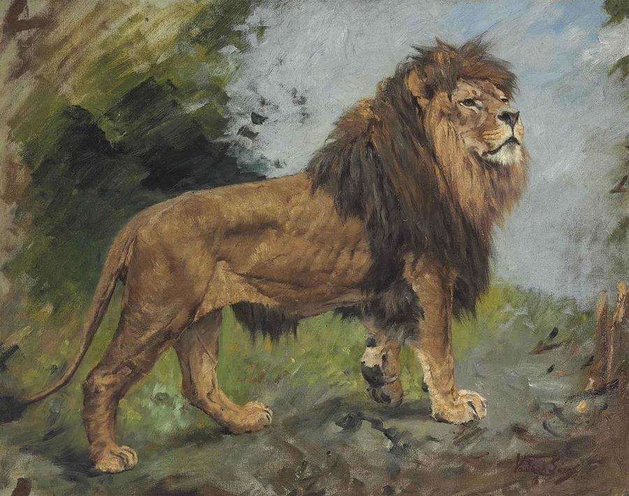 A Lion Walking #1 Painting by Geza Vastagh