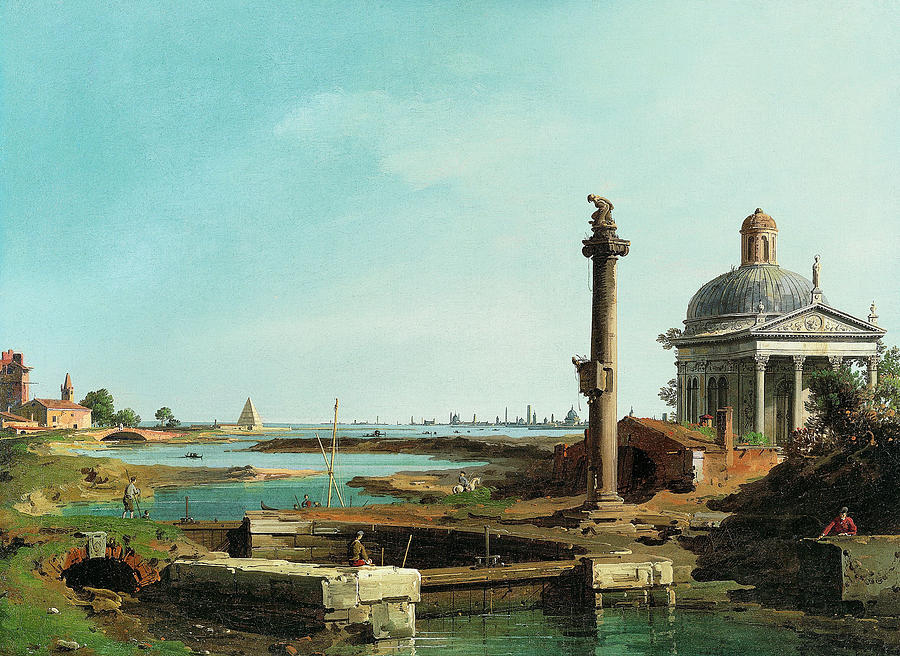 A Lock, a Column, and a Church beside a Lagoon #2 Painting by Canaletto