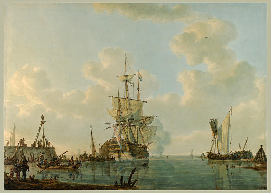 A Man O'War Lying at Anchor Drawing by Johannes Christiaan Schotel