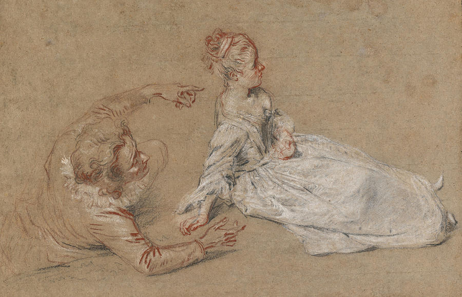 A Man Reclining and a Woman Seated on the Ground #2 Drawing by Antoine Watteau