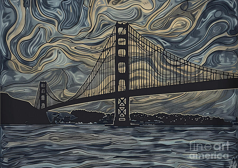A Moody Drawing Of San Franciscos Golden Gate Bridge At Dusk Painting