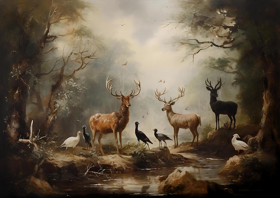 Wildlife Digital Art - A Mystical Painting Capturing A Vintage-Inspired Scene Of Animals Communicating With One Another #1 by Owl Gallery