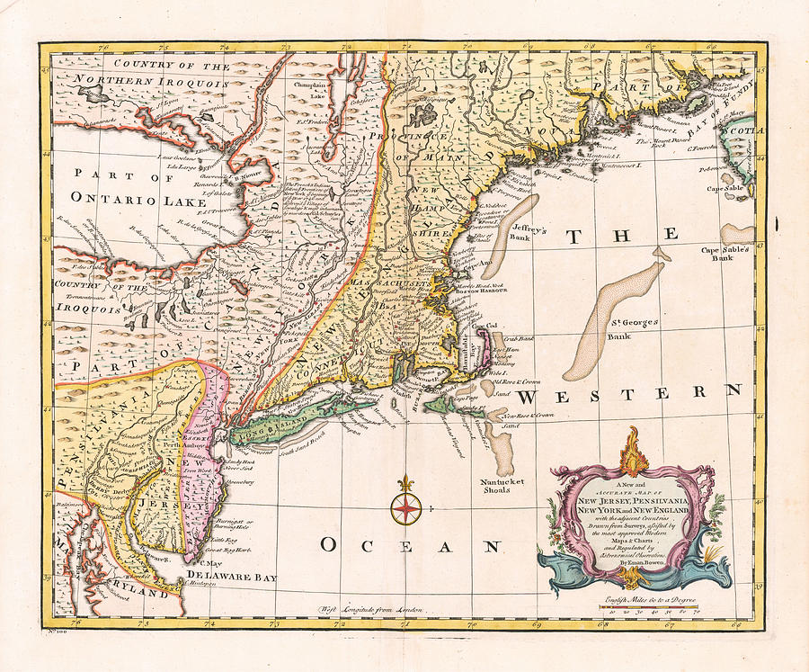 1 A New And Accurate Map Of New Jersey Pensilvania New York And New England With The Adjacent Countries  London   Emanuel Bowen 