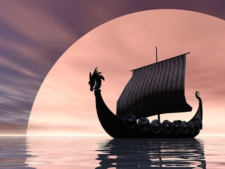 A Norse viking ship sailing at sea Digital Art by Geek FineArt