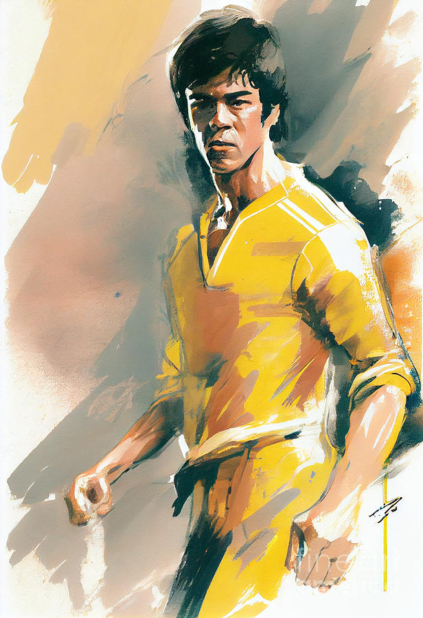 Fantasy Digital Art - a  painting  of  bruce  lee  in  yellow  by Asar Studios #1 by Celestial Images