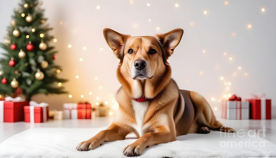 A pet dog waits for his Christmas gifts sitting next to the tree. #1 Photograph by Joaquin Corbalan