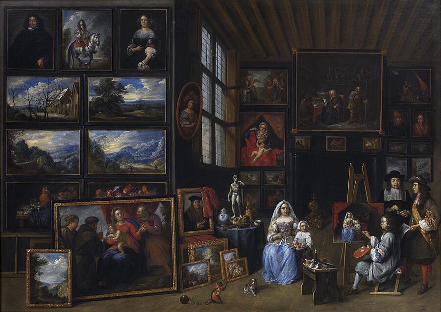 Portrait Painting - A Picture Gallery with an Artist Painting a Woman and a Girl Allegory of the Art of Painting    #1 by Gillis van Tilborgh Flemish