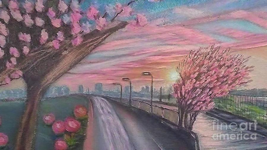 New York City Painting - A Poignant Time Painting beautiful poignant new york city april pandemic season empty roads alley apricot aquarelle art artwork background beautiful bloom blooming tree blossom cherry colorful #1 by N Akkash