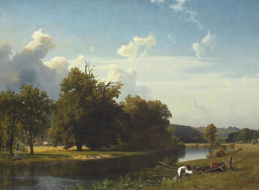 A River Landscape, Westphalia #2 Painting by Albert Bierstadt