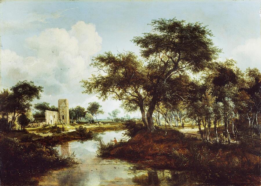 Tree Painting - A Ruin on the Bank of a River  #1 by Meindert Hobbema Dutch