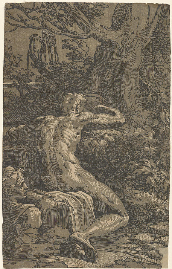 Parmigianino Painting - A seated man viewed from behind  Narcissus   #1 by Parmigianino