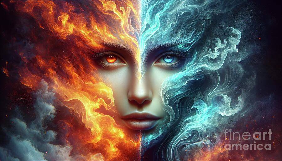 A surreal portrait of a womans face merges with vivid elements of fire and water #1 Digital Art by Odon Czintos