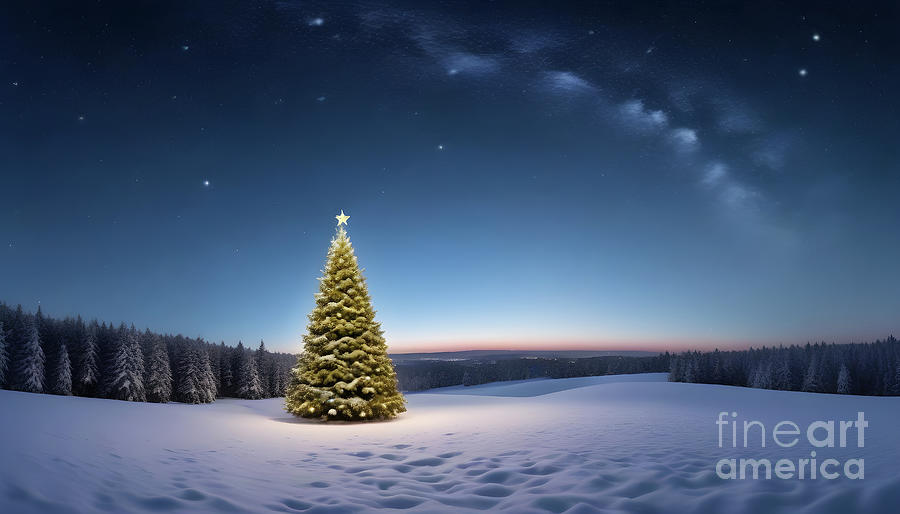 A tall fir tree decorated for Christmas, in a background of snowy mountains. #1 Photograph by Joaquin Corbalan