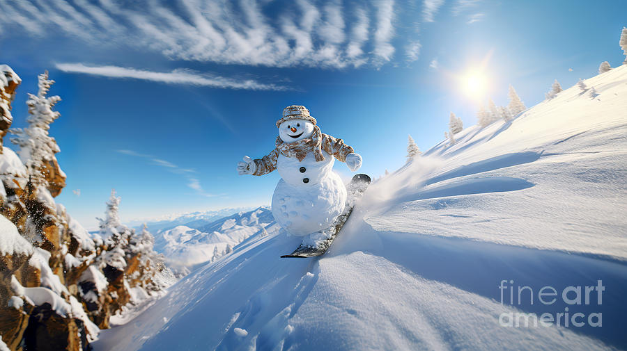 A very happy snowman is gliding down the snowy slope on a snowboard.  #1 Digital Art by Odon Czintos