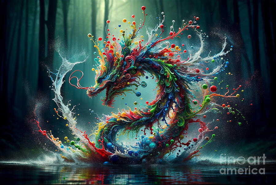 A vibrant, explosive depiction of a dragon made from splashes of multicolored paint, #1 Digital Art by Odon Czintos